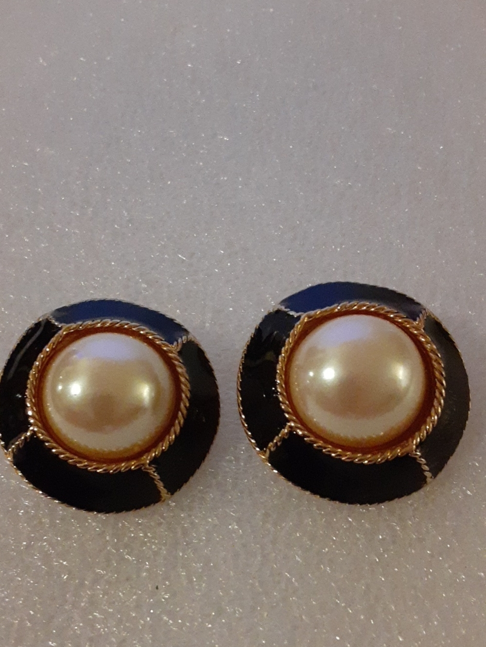 Source Unknown Black Enamel Clip Earrings with Pearl and Gold Trim